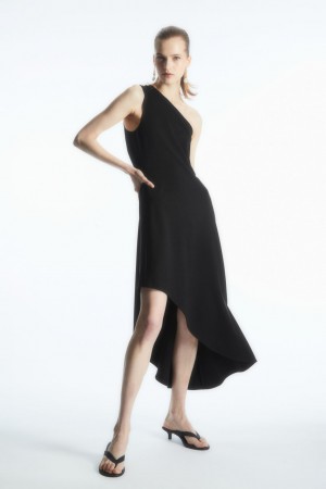 COS Asymmetric One-Shoulder Midi Ruha Női Fekete | HWEX-36759