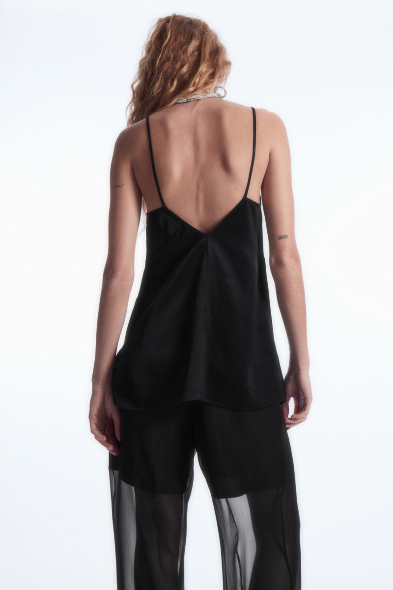 COS Asymmetric Csipke-Trimmed Satin Camisole Felsők Női Fekete | DKVZ-45103