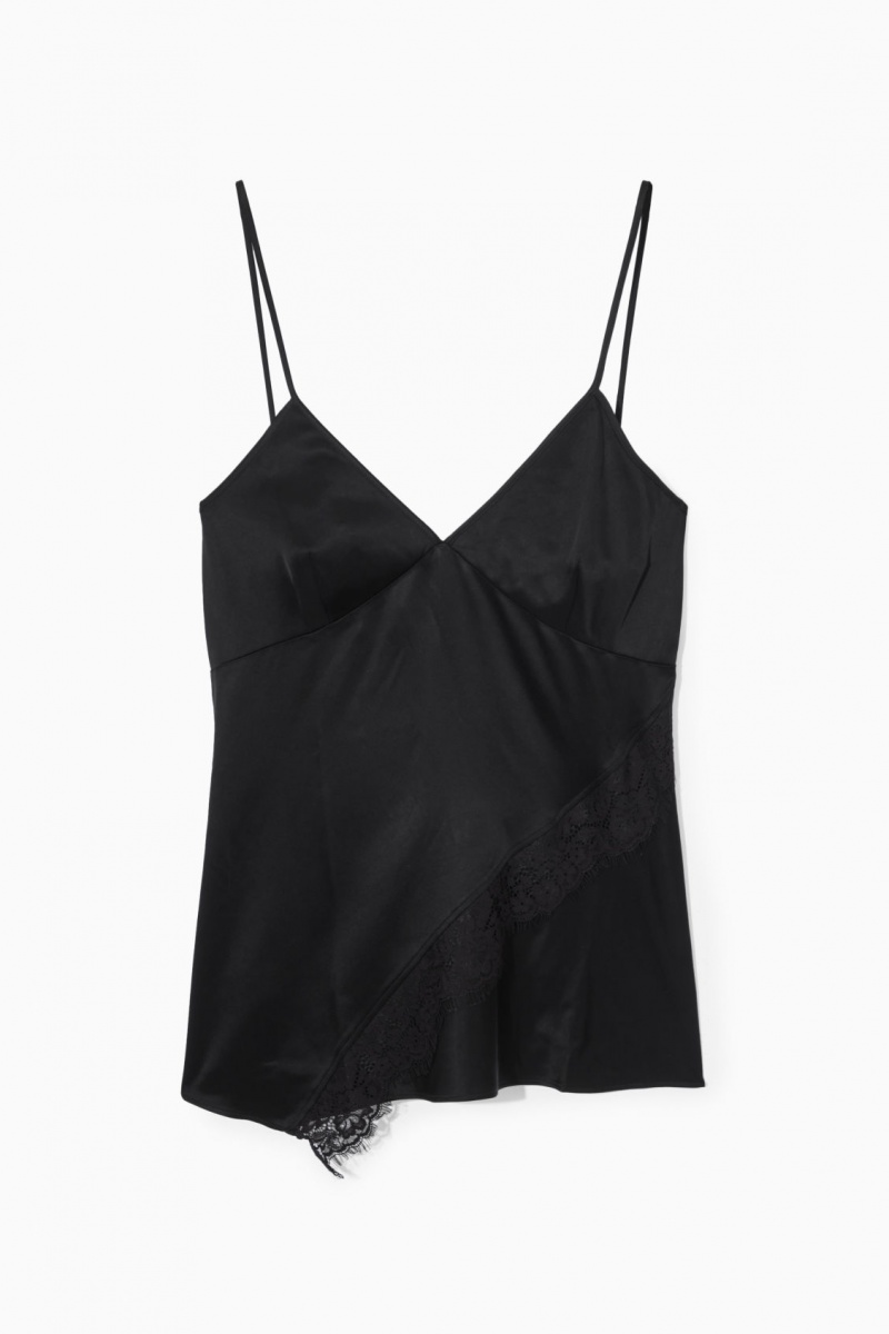 COS Asymmetric Csipke-Trimmed Satin Camisole Felsők Női Fekete | DKVZ-45103