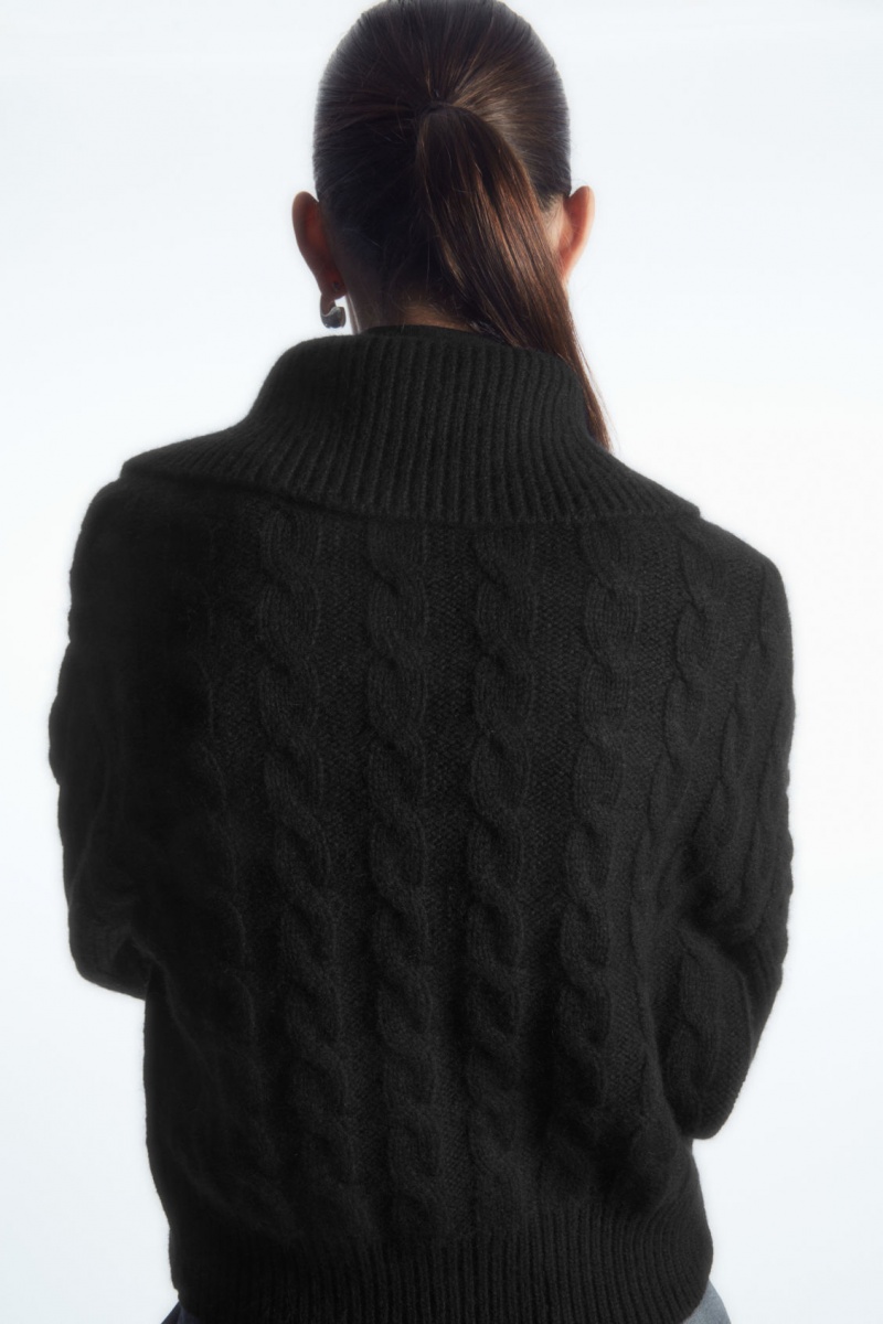 COS Cable-Knit Gyapjú Zip-Up Kabát Női Fekete | CJUS-18370