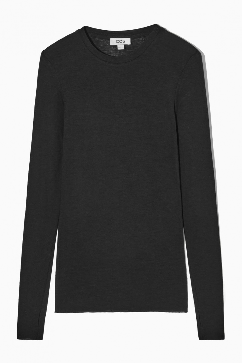 COS Crew-Neck Merino Gyapjú Top Pulóverek Női Fekete | DAKQ-05639