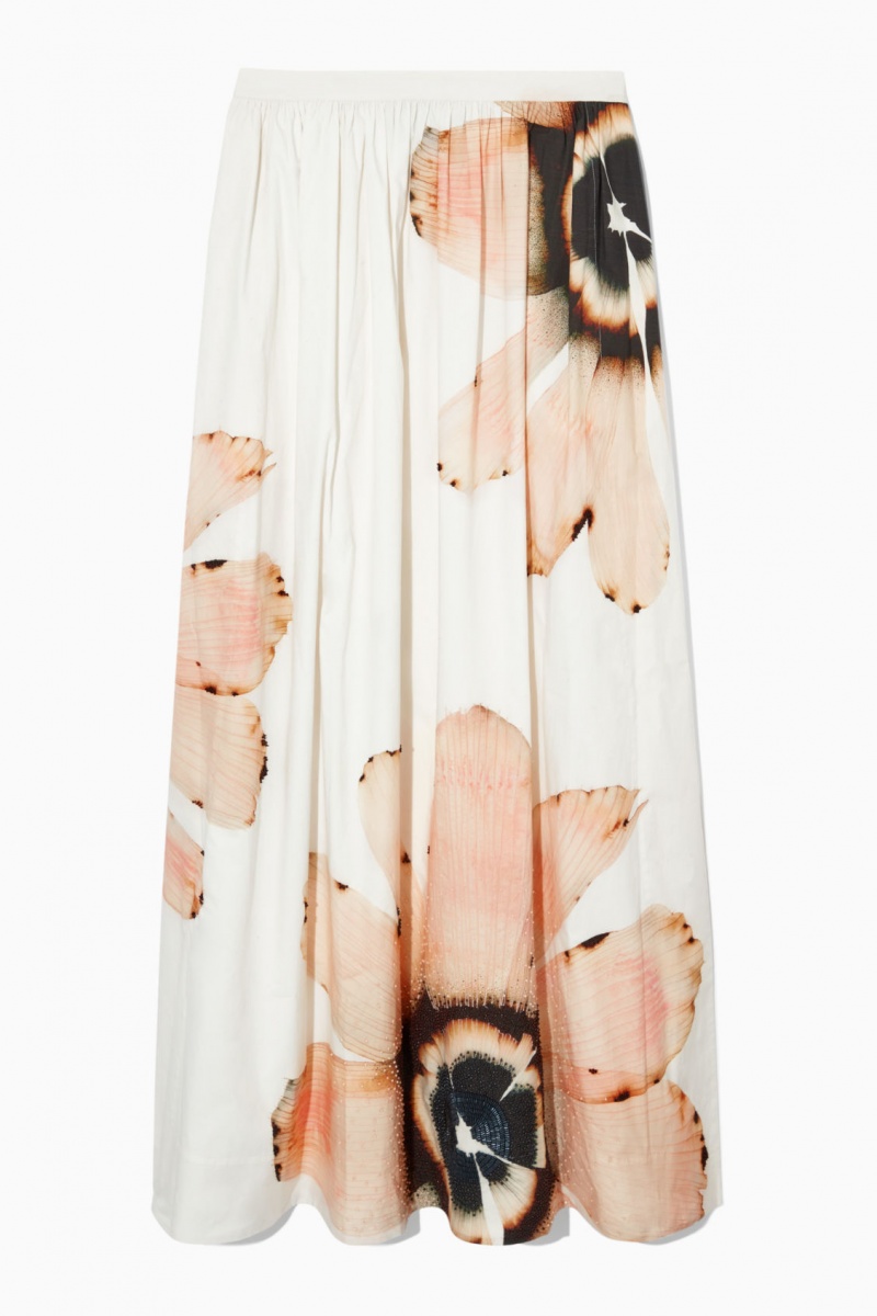 COS Floral-Print Beaded Maxi Szoknya Női Fehér | SOLR-31876