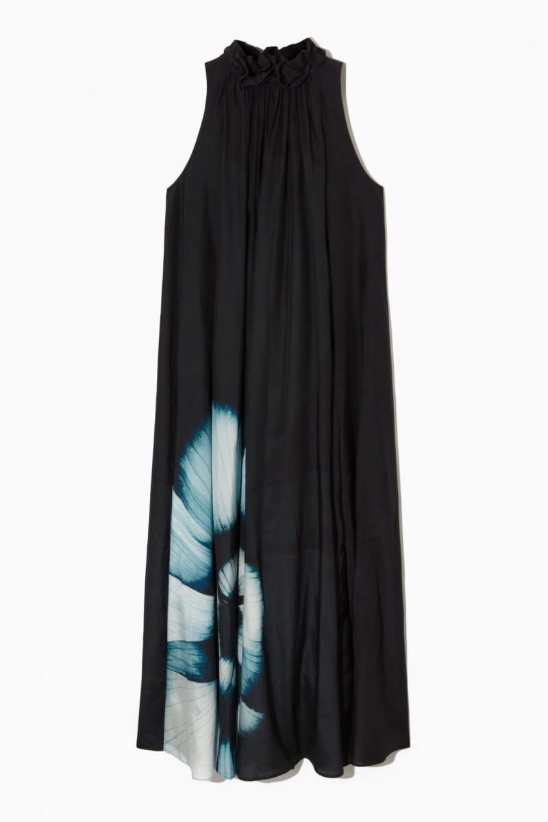 COS Floral-Print Silk-Blend Maxi Ruha Női Fekete | PYBC-50738