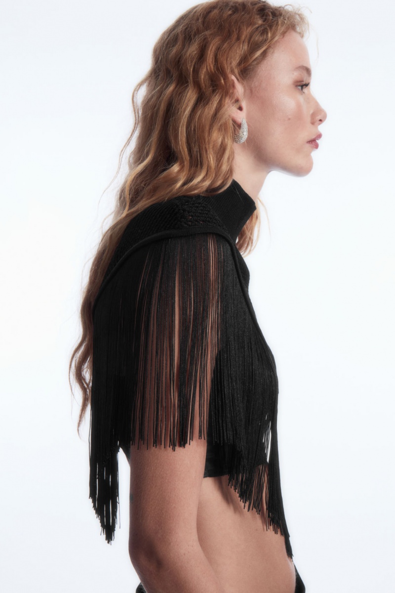 COS Fringed Open-knit Cape Felsők Női Fekete | JZBL-42159