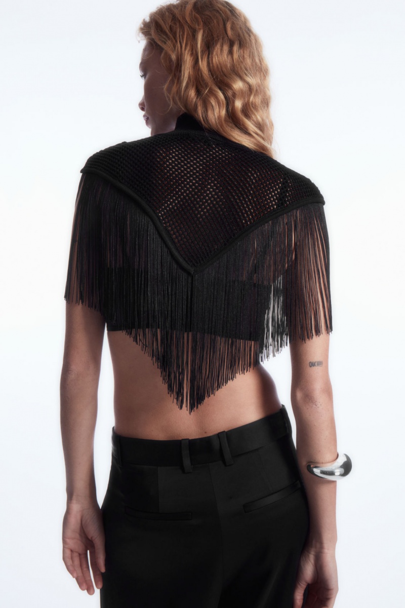 COS Fringed Open-knit Cape Felsők Női Fekete | JZBL-42159