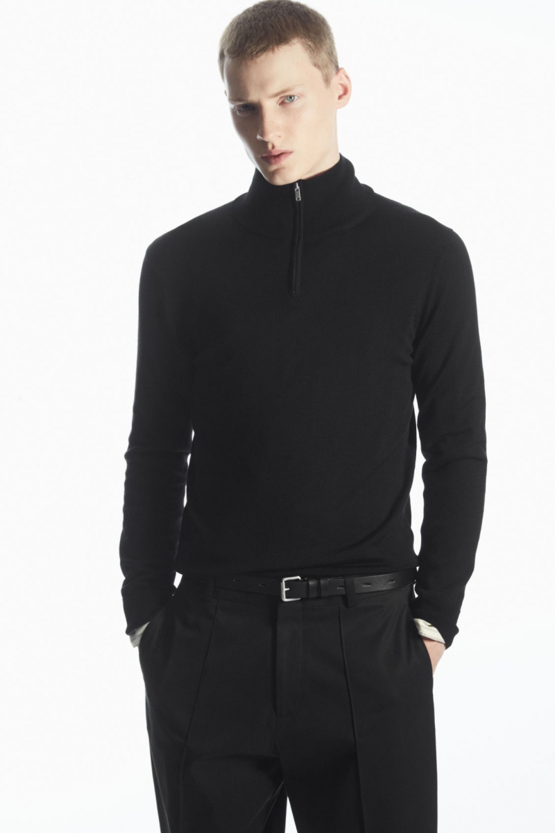 COS Funnel-Neck Gyapjú Half-Zip Pulóverek Férfi Fekete | GHOW-63582