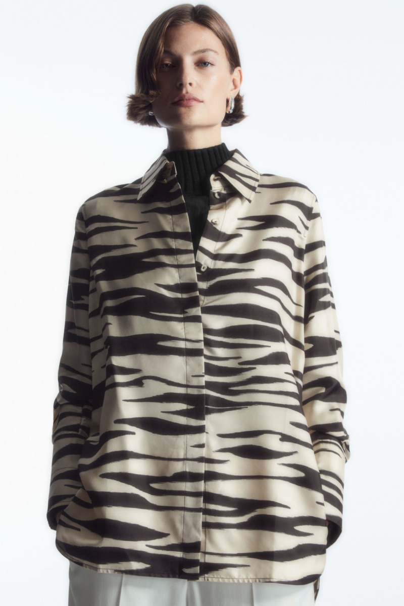 COS Oversized Zebra-Print Silk Ingek Női Fehér | FVAS-42876