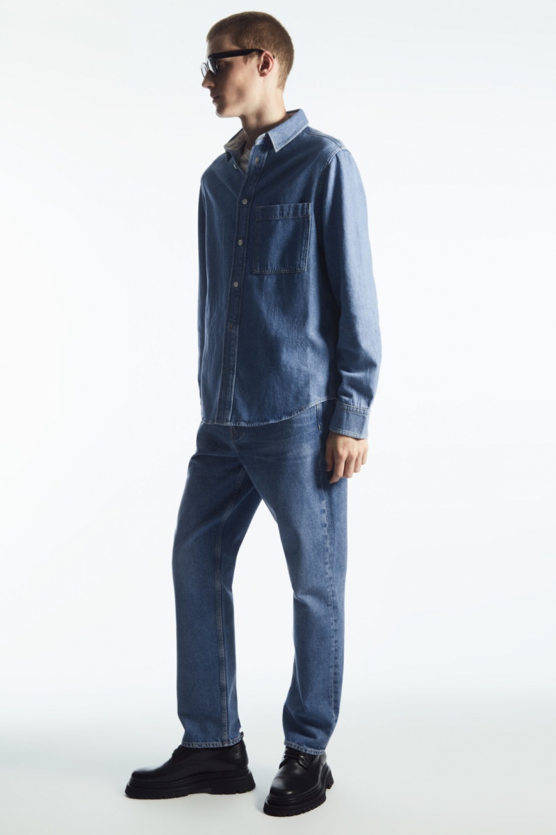 COS Pamut And Linen-Blend Denim Ingek Férfi Kék | VNWE-29683