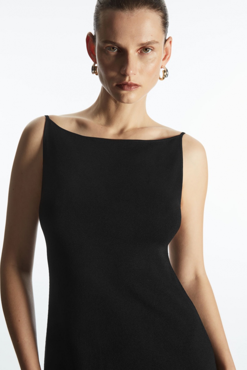 COS Square-Neck Kötött Midi Slip Ruha Női Fekete | WMJP-59871